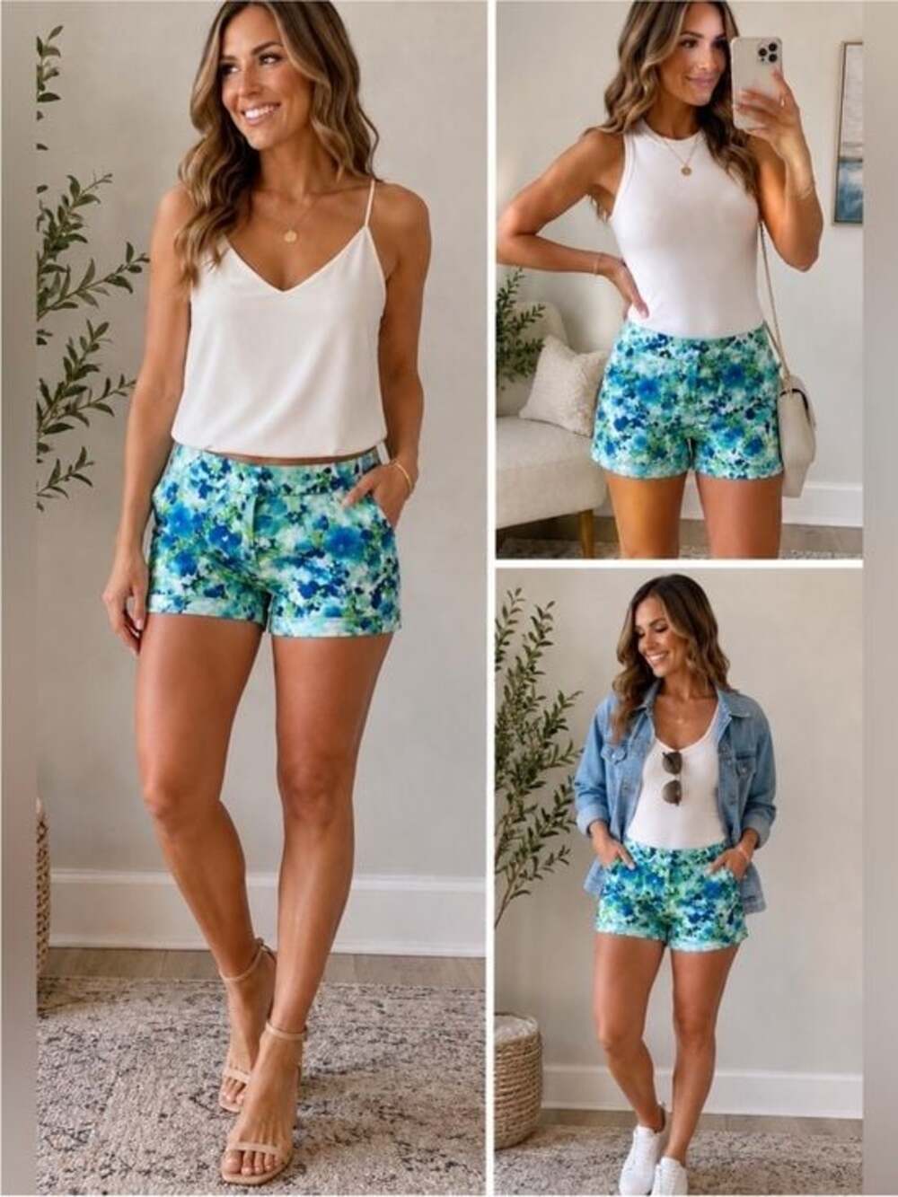 Forever 21 Floral Tailored Shorts Blue Green Watercolor Print Size 6